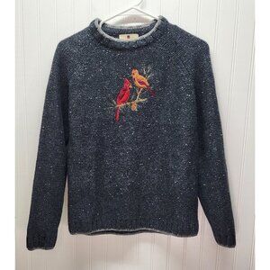 WOOLRICH Vintage Heathered Gray Knit Sweater With Cardinal Bird Embroidery